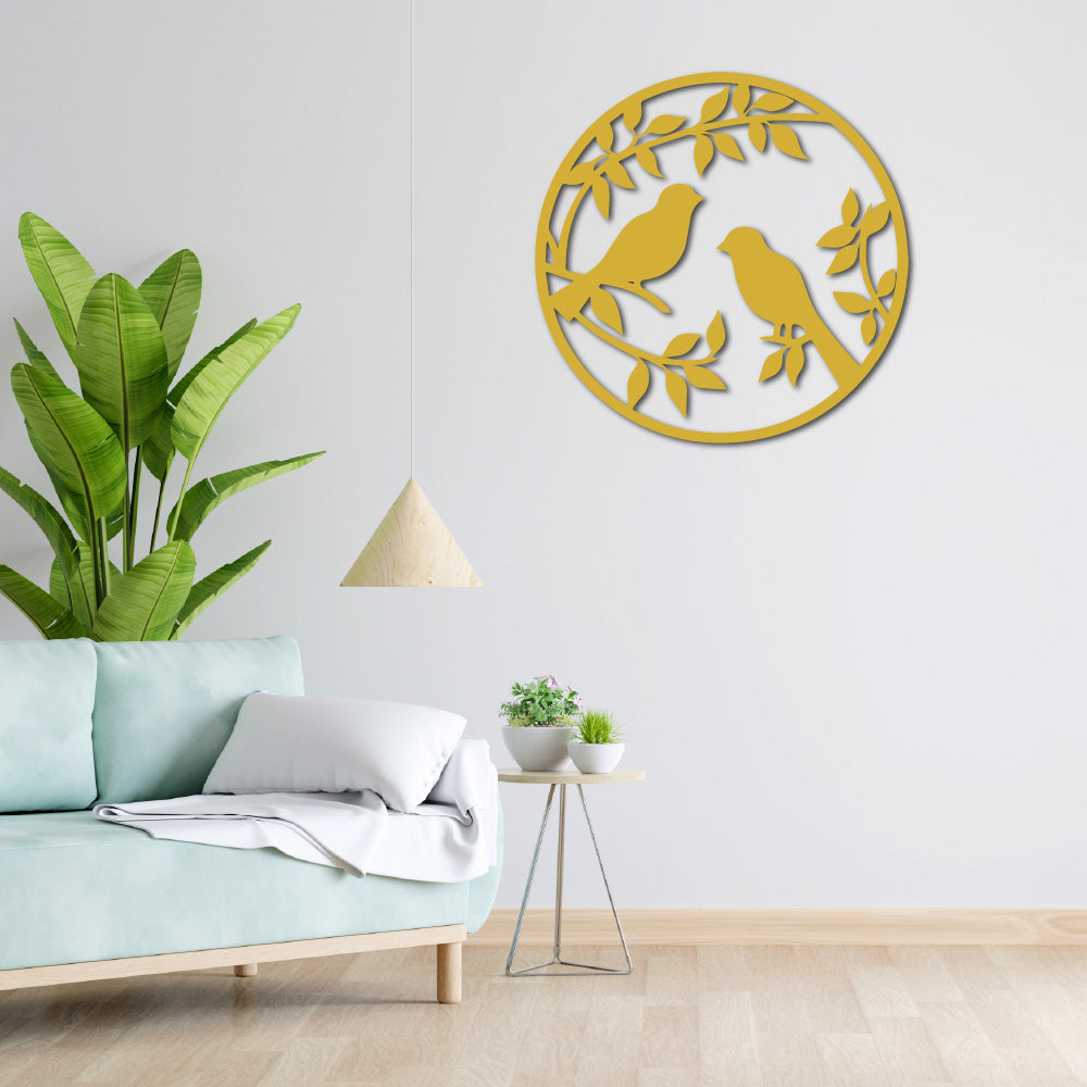 Lovers' Perch wall art displayed in a modern living room with green plants and minimalist decor