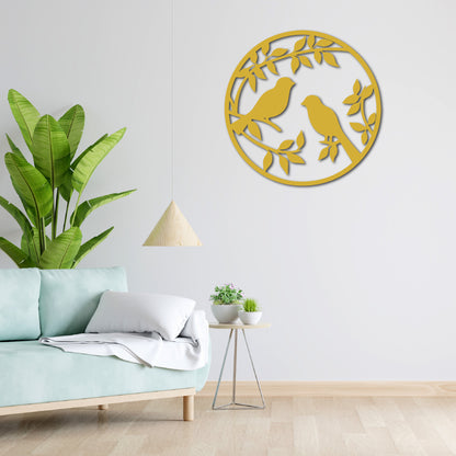 Lovers' Perch wall art displayed in a modern living room with green plants and minimalist decor