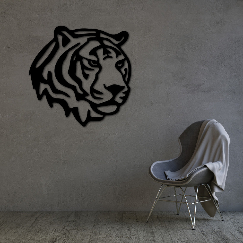 Steel wall art silhouette of a tiger's face, a bold and modern design for nature-inspired home decor