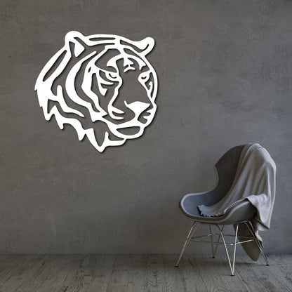 Steel wall art silhouette of a tiger's face, a bold and modern design for nature-inspired home decor