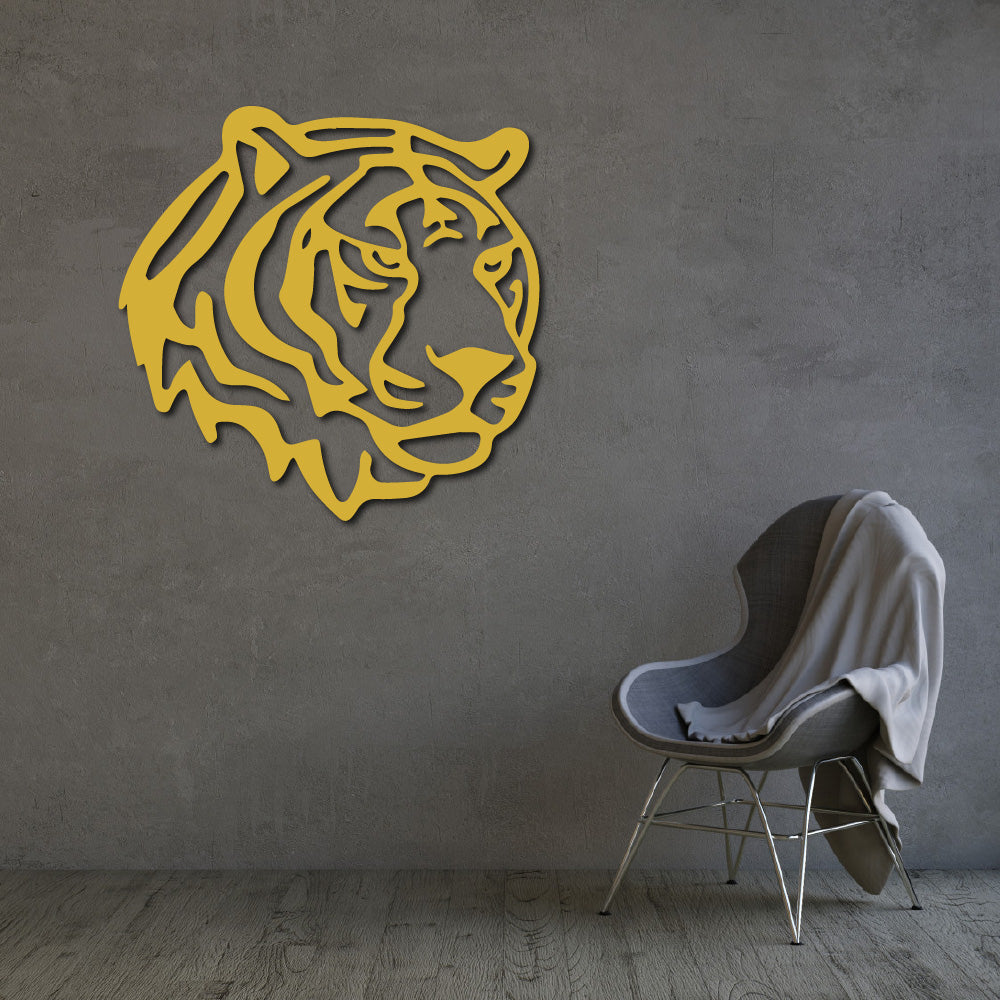 Steel wall art silhouette of a tiger's face, a bold and modern design for nature-inspired home decor