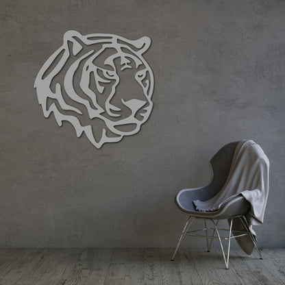 Steel wall art silhouette of a tiger's face, a bold and modern design for nature-inspired home decor