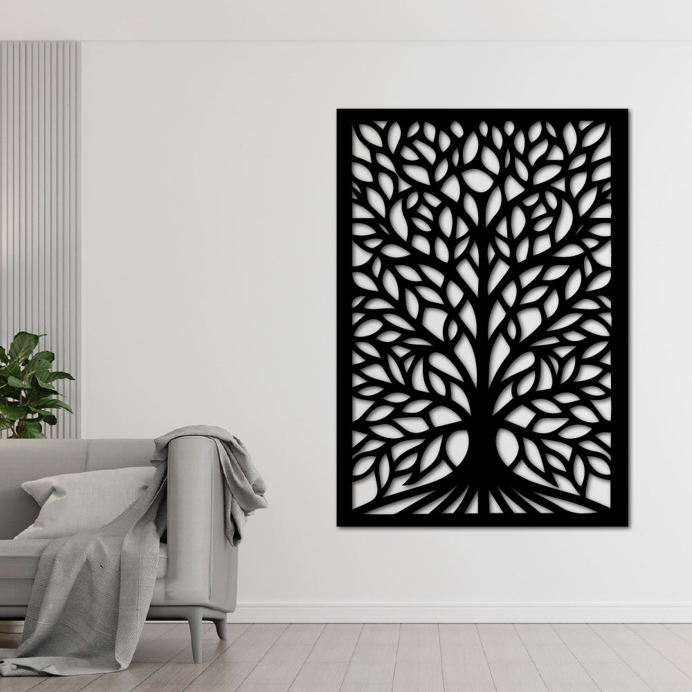 Steel wall art silhouette of an intricate Tree of Life design with detailed branches and leaves, perfect for modern home decor