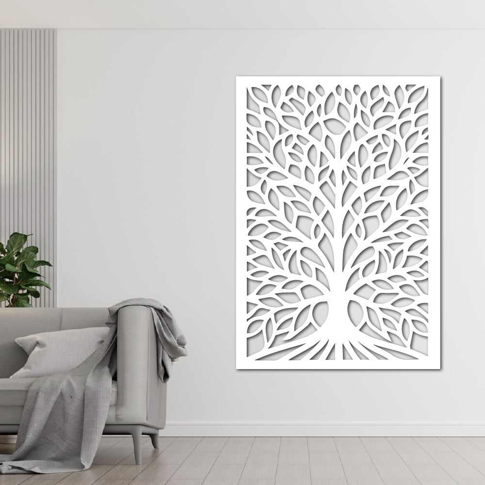 Steel wall art silhouette of an intricate Tree of Life design with detailed branches and leaves, perfect for modern home decor