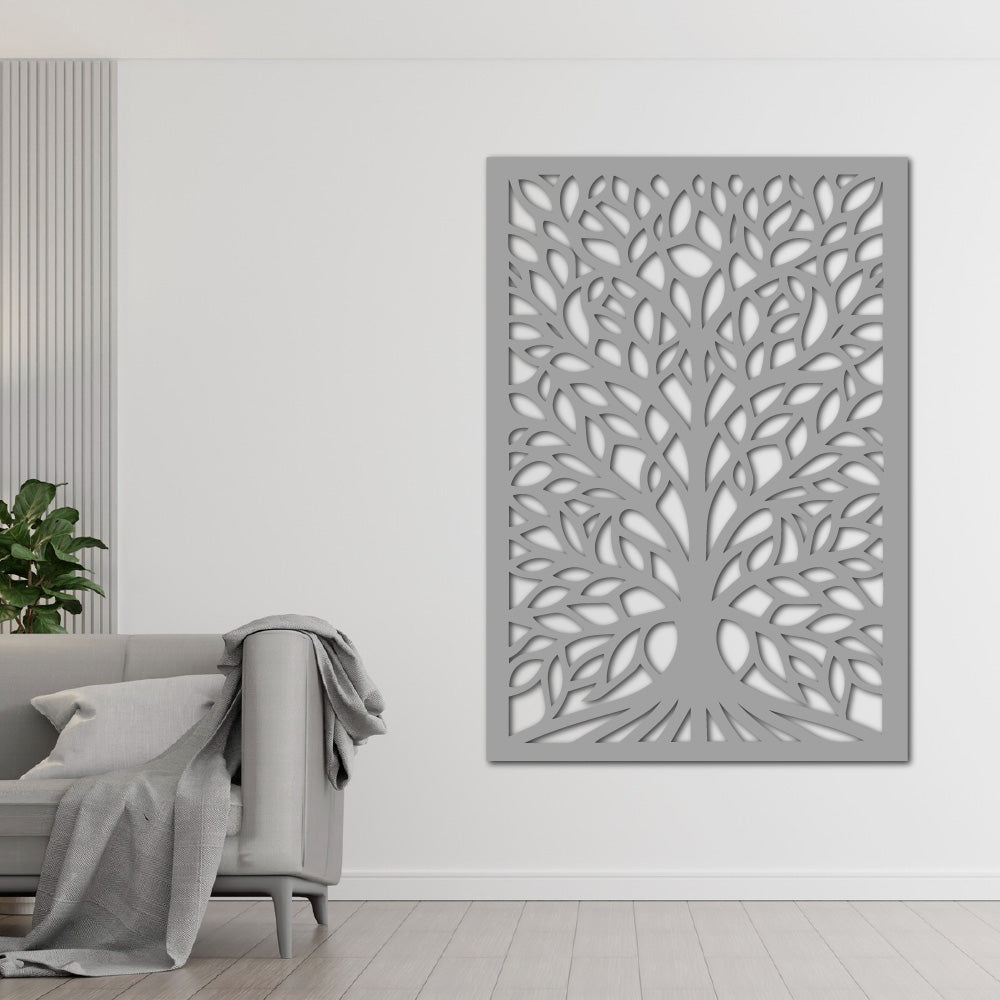 Steel wall art silhouette of an intricate Tree of Life design with detailed branches and leaves, perfect for modern home decor