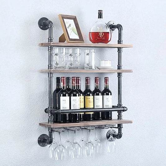 Wall-Mounted Bar Shelf – industrial wood and metal liquor storage unit.